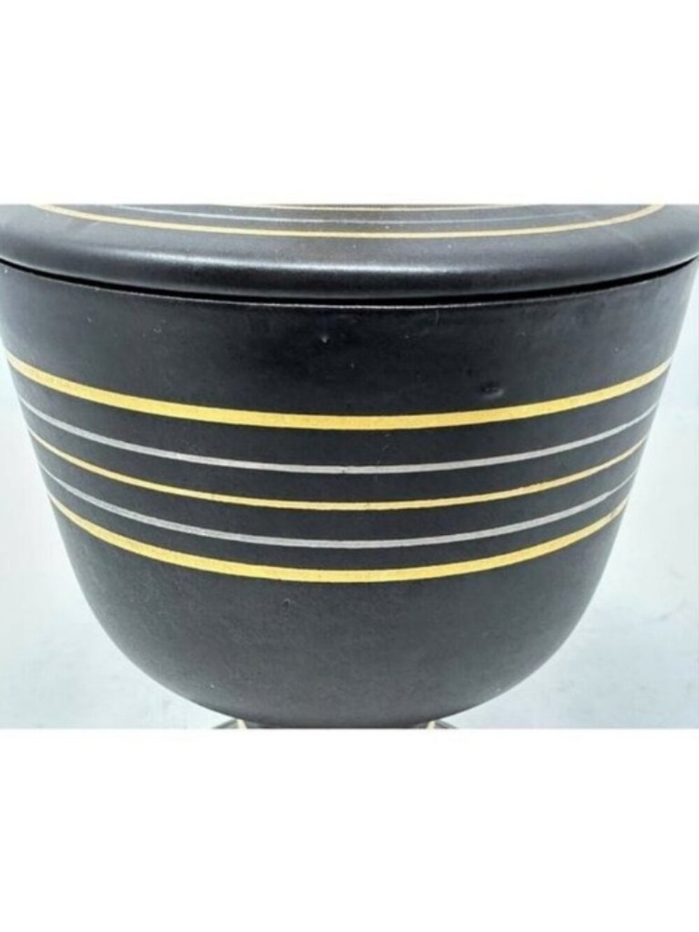 Vtg VEE JACKSON CALIFORNIA 10" URN w/ FINIAL LID Black/Brown Gold Silver Lines - Picture 11 of 13